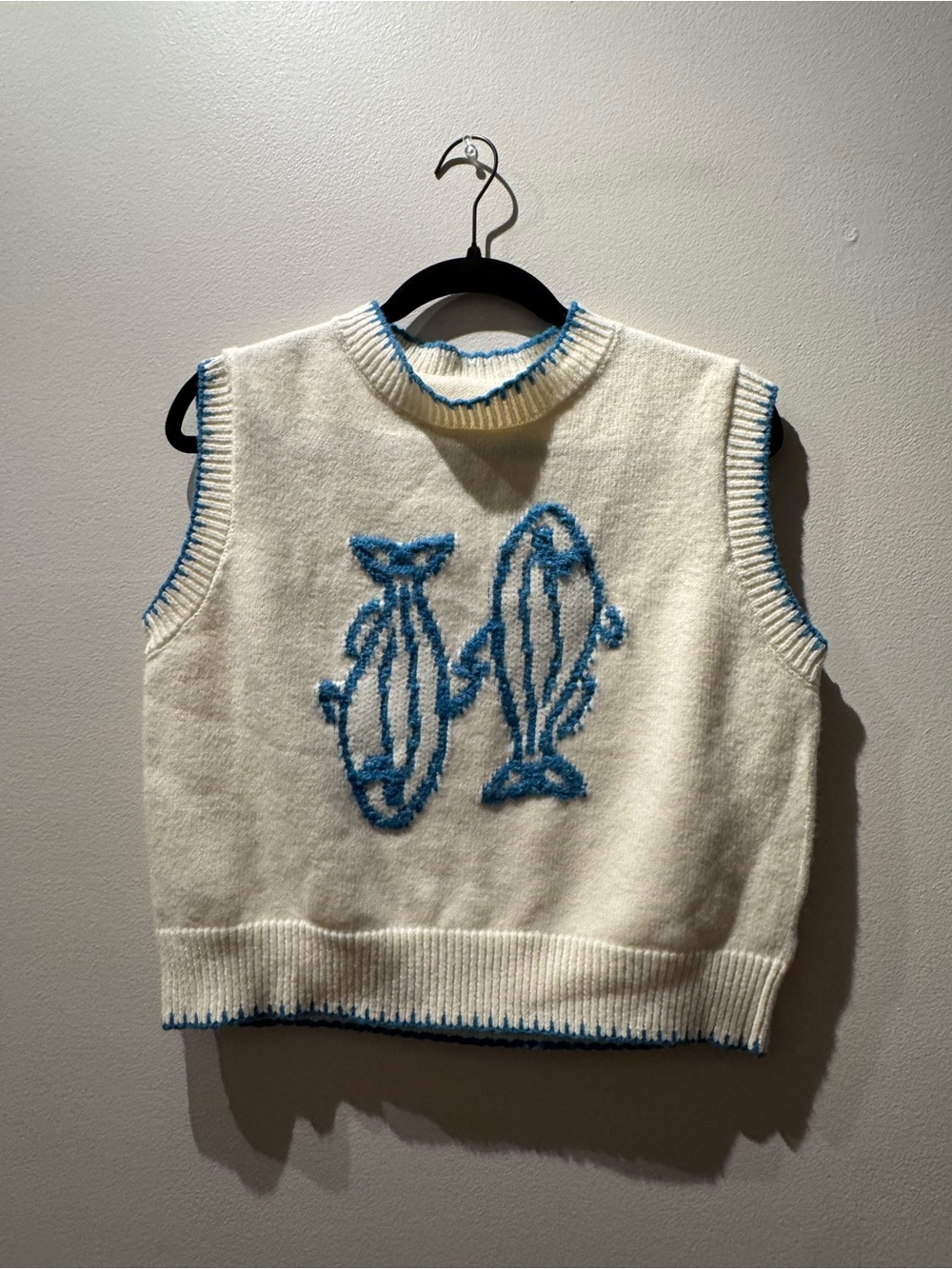 Cream / White Knit Sweater Vest with Blue Fish Embroidery